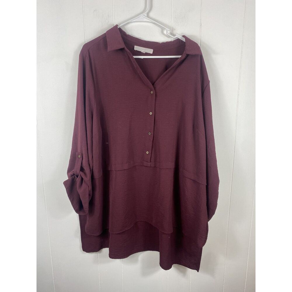 Adyson Parker Blouse Women 2X Burgundy Roll Tab Long Sleeve Tunic Henley Casual
